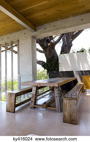 Picnic table and bench in a porch View Large Photo Image Picture - Picnic table and bench in a porch. Fotosearch