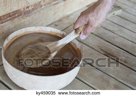 Stock Photography - Close-up of a person's hand taking water from a bowl in a sauna. Fotosearch