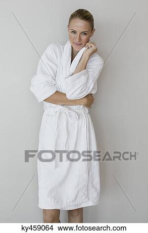 Portrait of a woman in bathrobe at spa View Large Photo Image Picture - Portrait of a woman in bathrobe at spa. Fotosearch