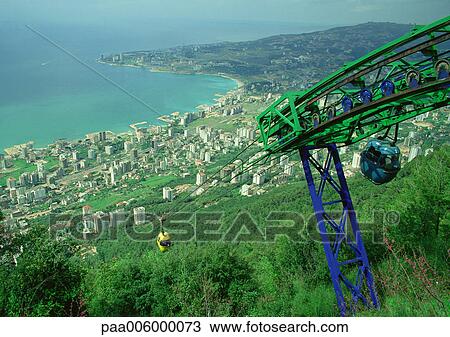 Stock Image - Lebanon, cable car overlooking coastal city. Fotosearch