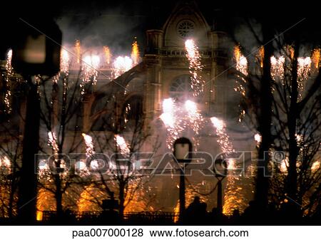 France, Paris, fireworks at night View Large Photo Image Stock Photo - France, Paris, fireworks at night. Fotosearch