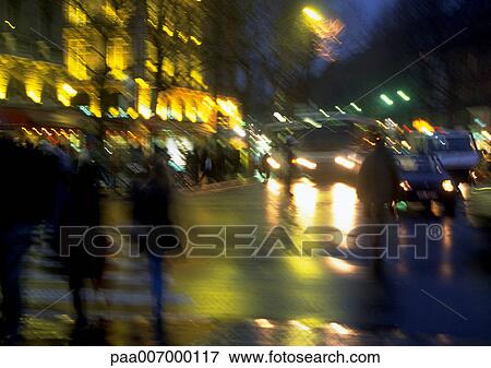 France, Paris, street scene at night, blurred View Large Photo Image Stock Photo - France, Paris, street scene at night, blurred. Fotosearch