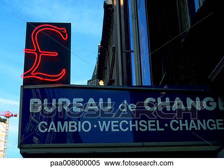 Foreign Exchange Office sign in French with neon pound sign View Large Photo Image Stock Photography - Foreign Exchange Office sign in French with neon pound sign. Fotosearch