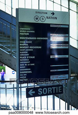 Paris Metro, direction sign for 6 line and "exit" sign in French View Large Photo Image Stock Photo - Paris Metro, direction sign for 6 line and "exit" sign in French. Fotosearch