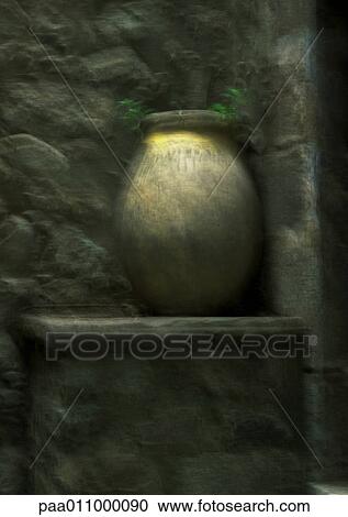 Stock Image - Yellow pot in corner, blurry.. Fotosearch
