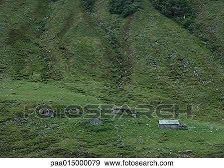 Log Cabins On Mountainside Stock Photo Paa015000079 Fotosearch