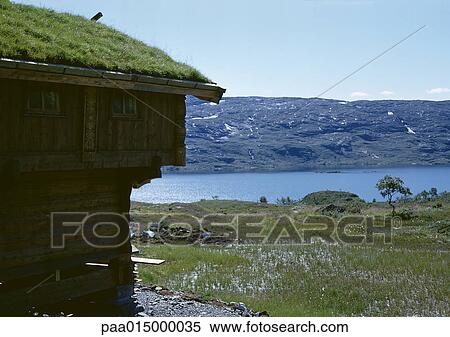 Stock Photography - Norway, grass-roofed cabin near water. Fotosearch