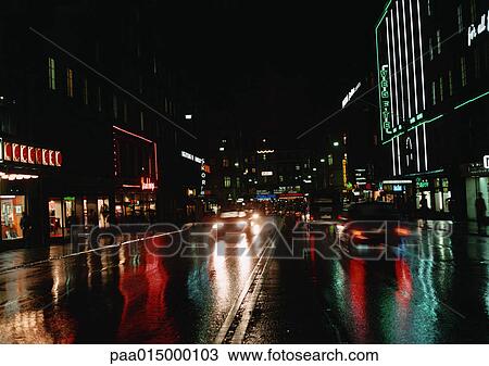 Sweden, Stockholm, street at night View Large Photo Image Stock Image - Sweden, Stockholm, street at night. Fotosearch