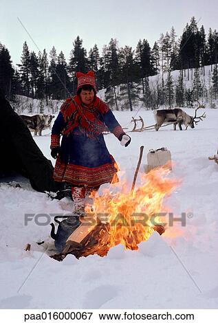 Finland, Saami woman standing next to fire, sled reindeer in background View Large Photo Image Stock Photo - Finland, Saami woman standing next to fire, sled reindeer in background. Fotosearch