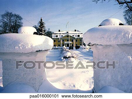 Sweden, mansion in snow in distance View Large Photo Image Stock Image - Sweden, mansion in snow in distance. Fotosearch