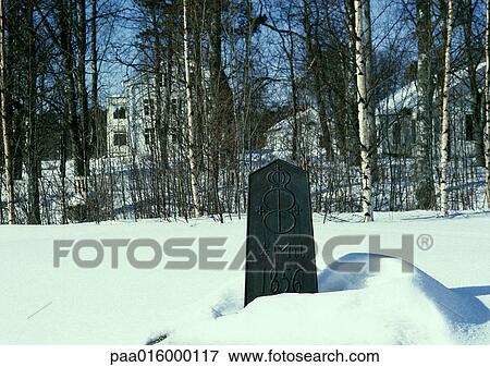 Sweden, marker in snow, houses in woods in background View Large Photo Image Stock Photo - Sweden, marker in snow, houses in woods in background. Fotosearch