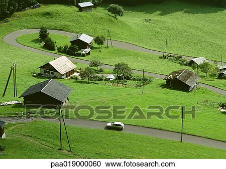 France, Savoie, roud through hills with houses. View Large Photo Image Stock Image - France, Savoie, roud through hills with houses.. Fotosearch