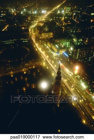 Germany, Berlin, ciity thoroughfare at night, aerial view View Large Photo Image Stock Photo - Germany, Berlin, ciity thoroughfare at night, aerial view. Fotosearch