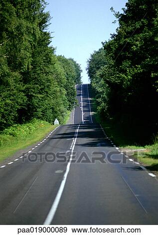 Stock Photo - Hilly road with woods on both sides. Fotosearch