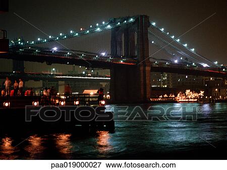 USA, NY, Brooklyn Bridge, lit up at night. View Large Photo Image Stock Photo - USA, NY, Brooklyn Bridge, lit up at night.. Fotosearch