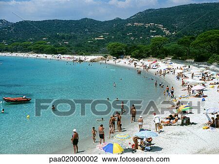 Stock Image - Corsica, people at beach, high angle view. Fotosearch