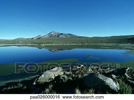 Chile, El Norte Grande, lakescape with mountain in distance View Large Photo Image Stock Photograph - Chile, El Norte Grande, lakescape with mountain in distance. Fotosearch
