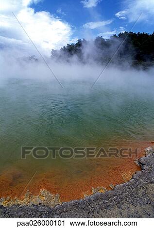 New Zealand, Waiotapu Thermal Park, steam rising over hot spring View Large Photo Image Stock Image - New Zealand, Waiotapu Thermal Park, steam rising over hot spring. Fotosearch