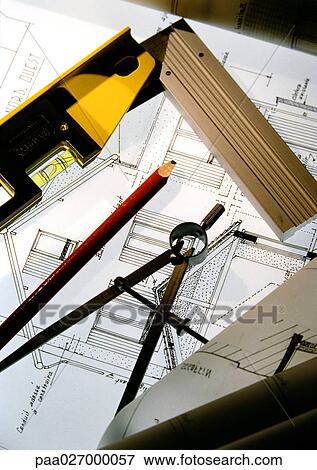 Compass, pencil and level on blueprints, close up. View Large Photo Image Stock Photo - Compass, pencil and level on blueprints, close up.. Fotosearch