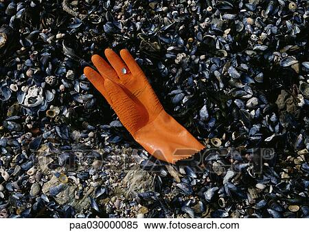 Stock Photography - Orange plastic glove on rocks.. Fotosearch