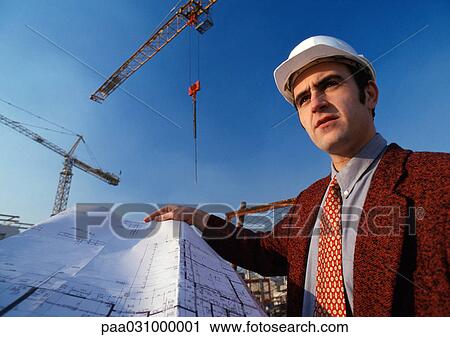 Stock Image - Man wearing hard hat, holding blueprint, cranes in background, low angle view. Fotosearch