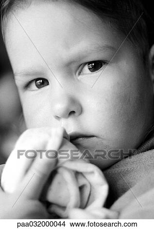 Picture - Child's face, close-up, b&w. Fotosearch