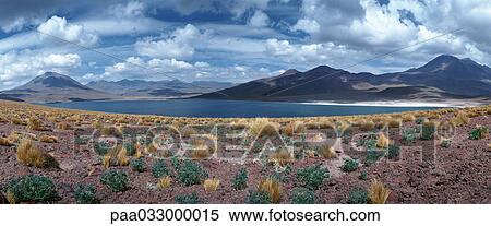 Stock Photography - Chile, landscape with lake and mountains, panoramic view. Fotosearch