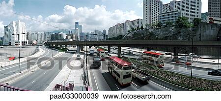 Hong-Kong, freeway, skyline in background, elevated view, panoramic view View Large Photo Image Stock Photo - Hong-Kong, freeway, skyline in background, elevated view, panoramic view. Fotosearch