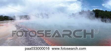 Stock Photograph - New Zealand, hot spring, panoramic view. Fotosearch