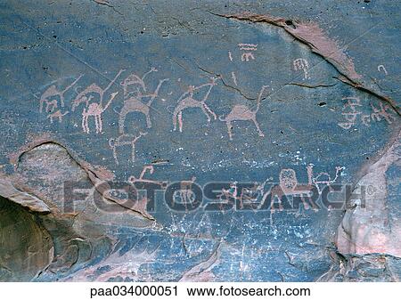 Clip Art - Jordan, Wadi Rum, Jebal Umm Ishrin, camel figures on wall. Fotosearch