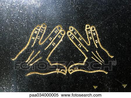 Stock Illustration - Symbol representing hands, engraved. Fotosearch