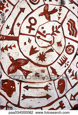 Drawing - Symbols within spiral, close-up. Fotosearch
