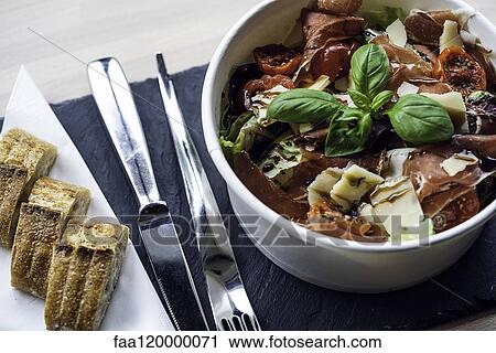 Stock Image - Close-up of meat salad. Fotosearch
