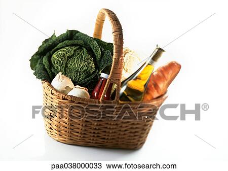 Stock Image - Market basket containing wine, cabbage, and loaf of bread. Fotosearch