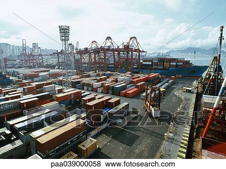 China, Hong Kong, containers on docks, elevated view View Large Photo Image Stock Photo - China, Hong Kong, containers on docks, elevated view. Fotosearch
