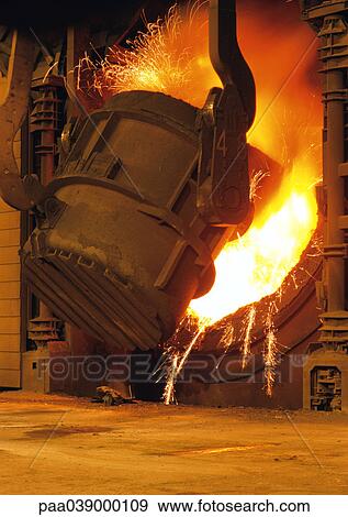 Stock Photo - Steel factory, cast iron smelting, sparks flying. Fotosearch