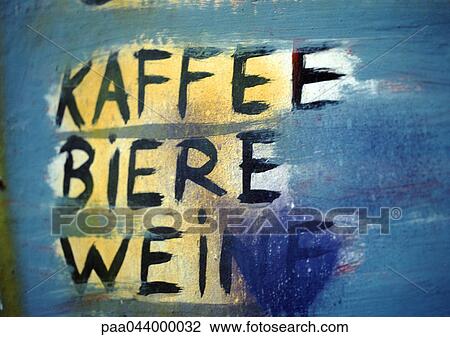 Coffee, beer, wine text painted in German, close-up View Large Photo Image Stock Image - Coffee, beer, wine text painted in German, close-up. Fotosearch