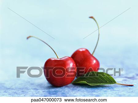 Stock Image - Cherries with stems and leaf, close-up. Fotosearch
