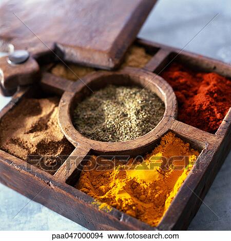 Compartmented wooden box with various spices View Large Photo Image Picture - Compartmented wooden box with various spices. Fotosearch