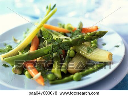 Plate of spring vegetables, close-up View Large Photo Image Stock Photo - Plate of spring vegetables, close-up. Fotosearch