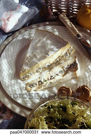 Stock Image - Stuffed brie on plate, high angle view. Fotosearch