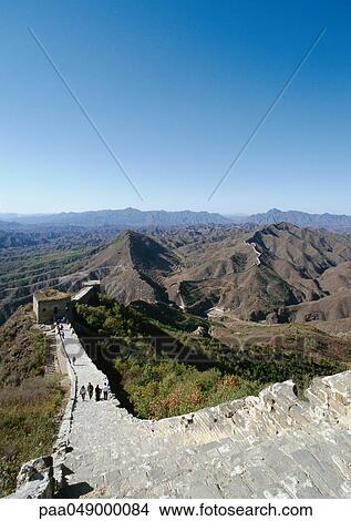 China, Hebei Province, Simatai, people walking on the Great Wall, high angle view View Large Photo Image Picture - China, Hebei Province, Simatai, people walking on the Great Wall, high angle view. Fotosearch