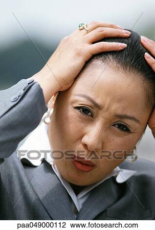 Woman, hands on head, portrait View Large Photo Image Stock Image - Woman, hands on head, portrait. Fotosearch