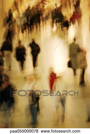 People walking, interior, high angle view, blurred motion View Large Photo Image Stock Photo - People walking, interior, high angle view, blurred motion. Fotosearch