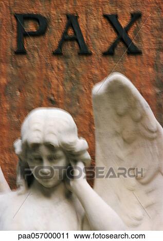 Statue of angel under Latin inscription meaning "peace" View Large Photo Image Stock Image - Statue of angel under Latin inscription meaning "peace". Fotosearch