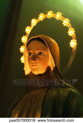 Stock Photo - Statue of Virgin Mary, close-up of head. Fotosearch