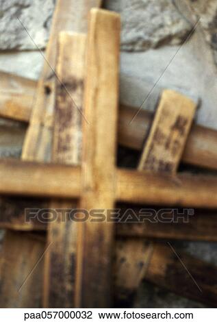 Stock Image - Wood crosses, blurred. Fotosearch