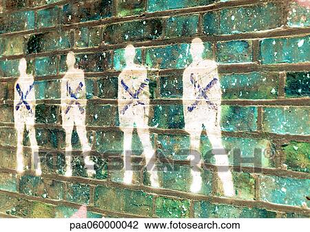 Drawing - Male figures painted on wall and crossed out, close-up. Fotosearch