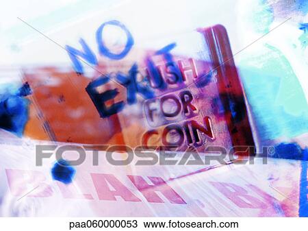 Drawing - No exit, "push for coin" and "blah blah" texts, composite, close-up. Fotosearch