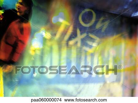 Stock Illustration - No exit sign with woman walking, composite, close-up. Fotosearch